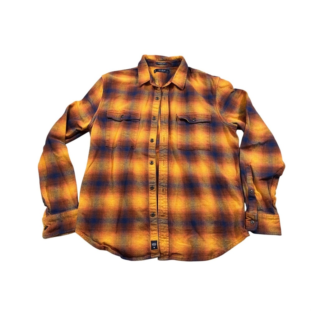 Lucky Brand Classic Fit Plaid Flannel Shirt Men's Large Orange Blue